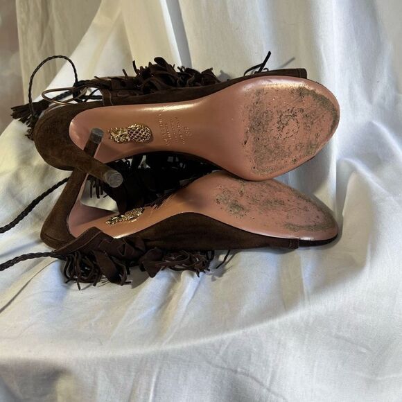 Aquazurra chocolate suede fringe heeled sandals, size 39/9 - Picture 7 of 8